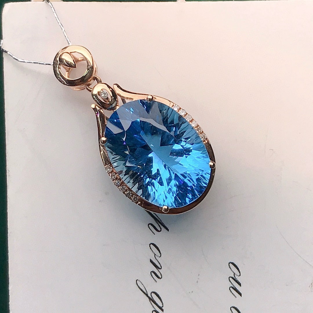 14k Gold 9.54 Ctw Natural Topaz & Diamond Pendant( Without Chain ) - 2