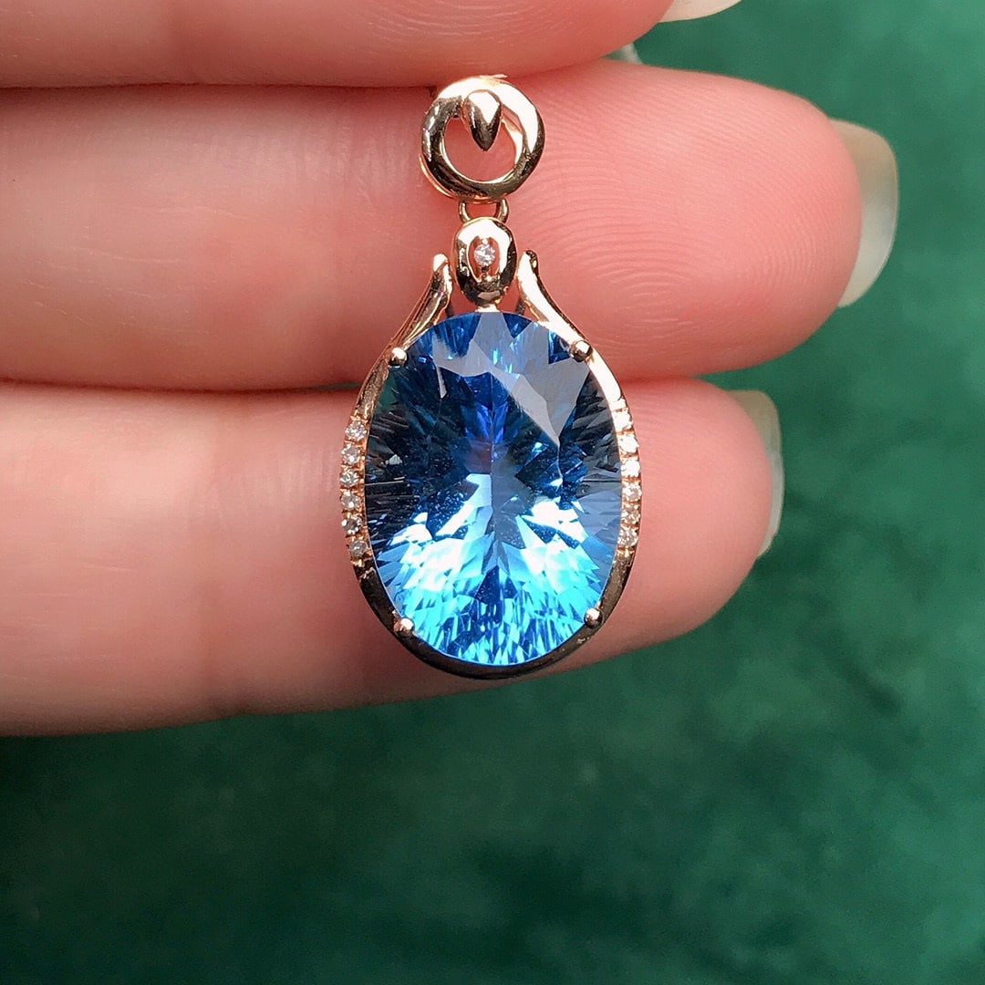 14k Gold 9.54 Ctw Natural Topaz & Diamond Pendant( Without Chain ) - 3