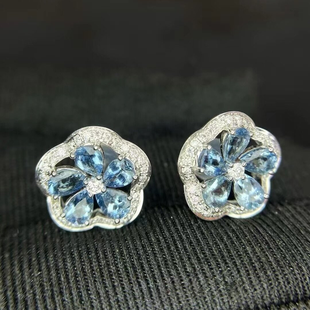 14k Gold 1.73 Ctw Natural Aquamarine & Diamond Earrings - 3