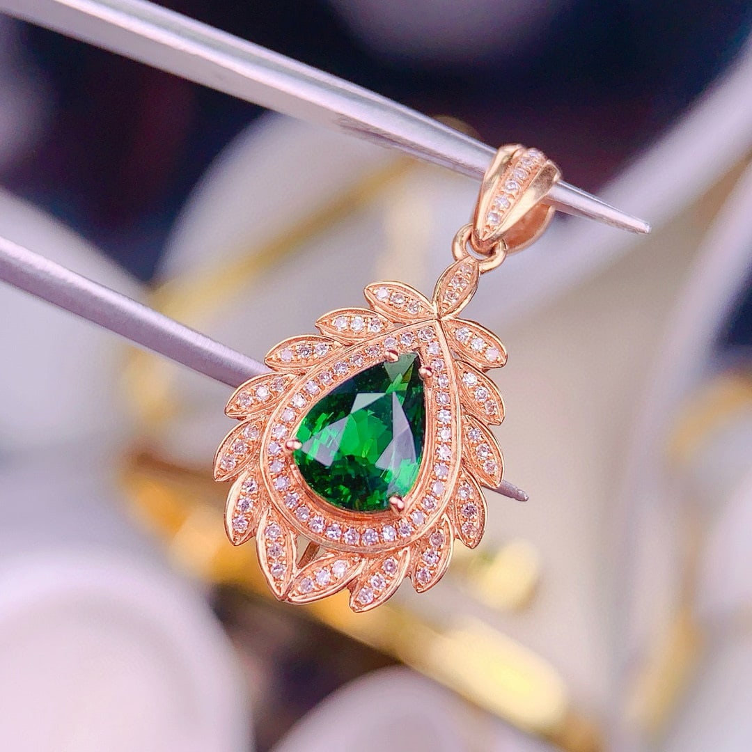 14k Gold 1.35 Ct Vivid Green Natural Tsavorite & Diamond Pendant( Without Chain ) - 2