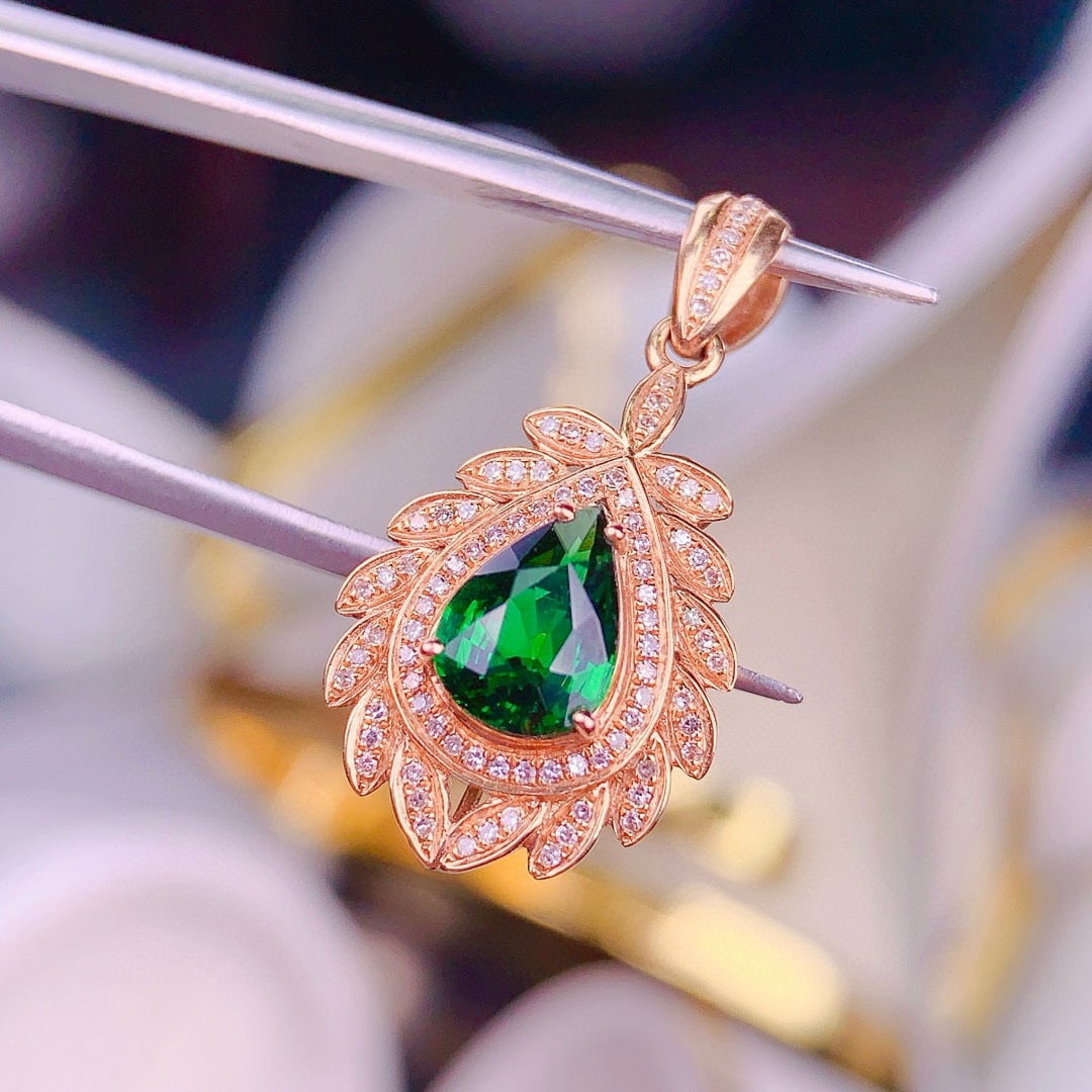 14k Gold 1.35 Ct Vivid Green Natural Tsavorite & Diamond Pendant( Without Chain ) - 4