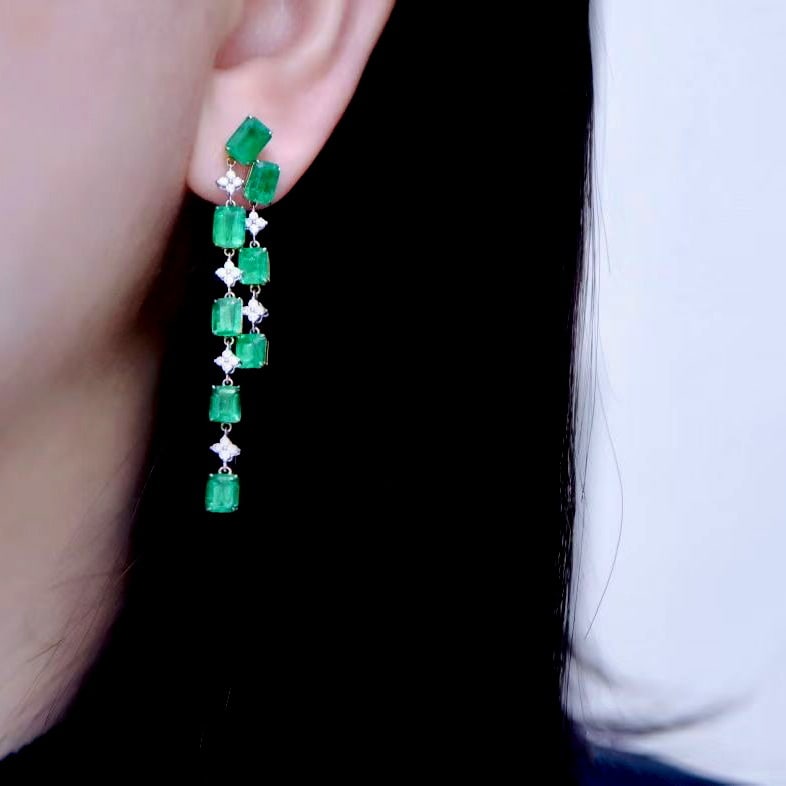 14k Gold 8.16 Ctw Vivid Green Natural Emerald & Diamond Earrings - 2
