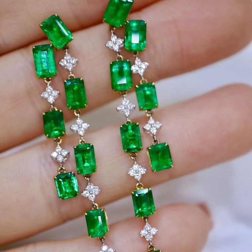 14k Gold 8.16 Ctw Vivid Green Natural Emerald & Diamond Earrings - 4