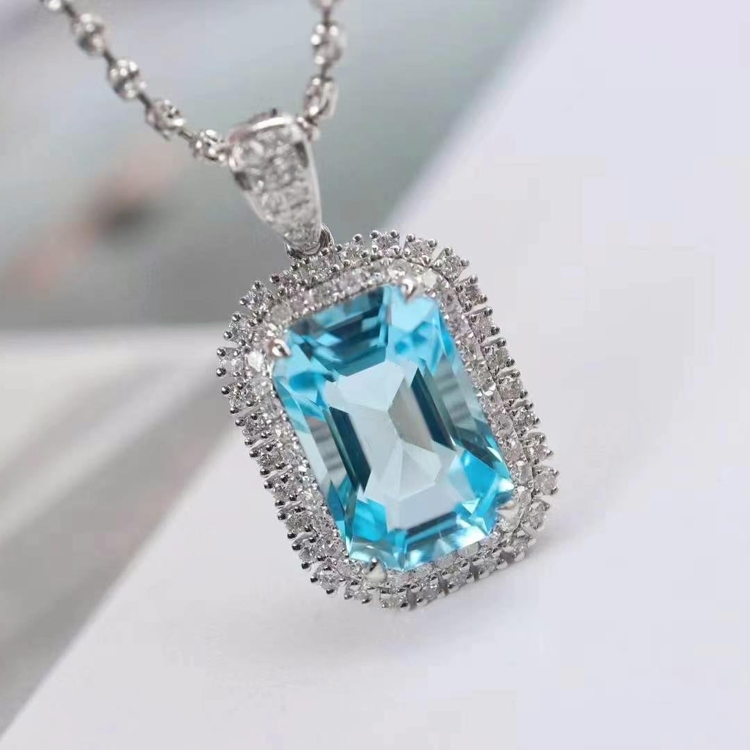 14k Gold 4.86 Ctw Natural Aquamarine & Diamond Pendant( Without Chain ) - 2