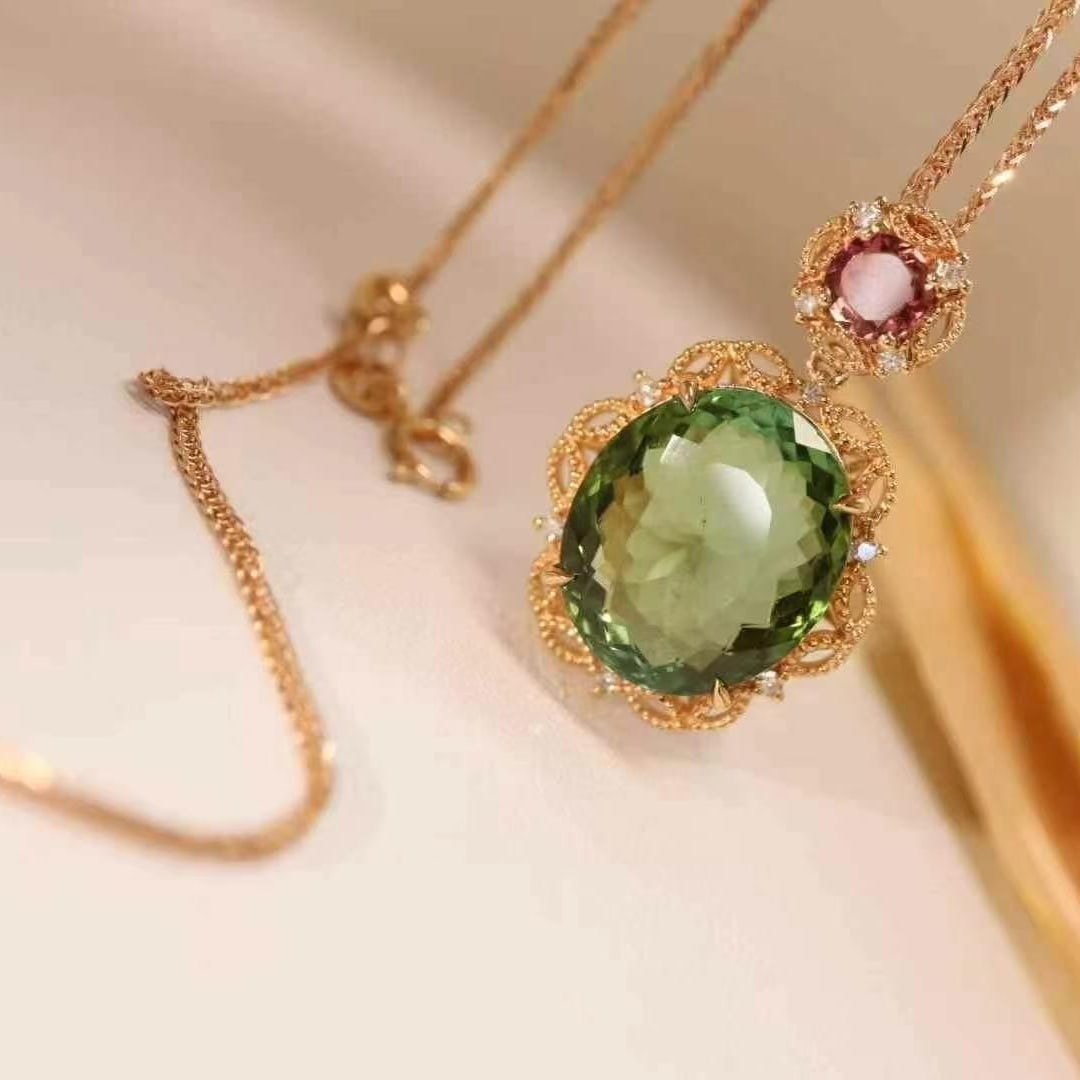 14k Gold 9.15 Ct Natural Tourmaline & Diamond Pendant( Without Chain ) - 2