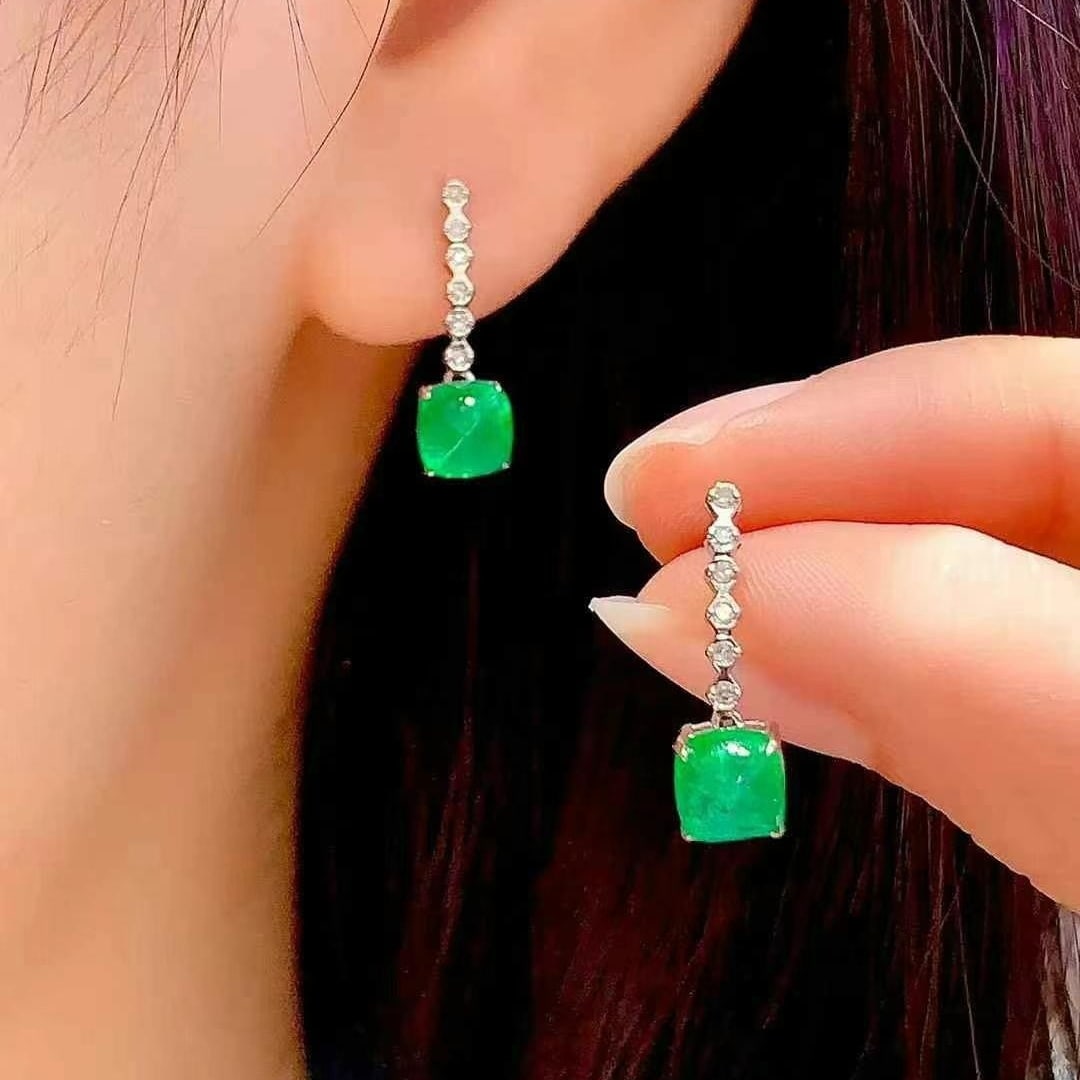 14k Gold 2 Ct Natural Emerald & Diamond Earrings - 4