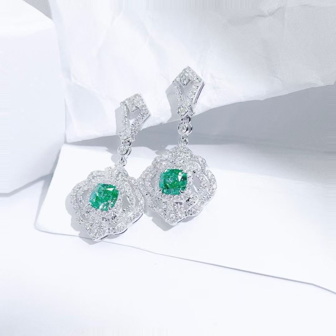14k Gold 1.89 Ctw Natural Green Diamond & Diamond Earrings - 3