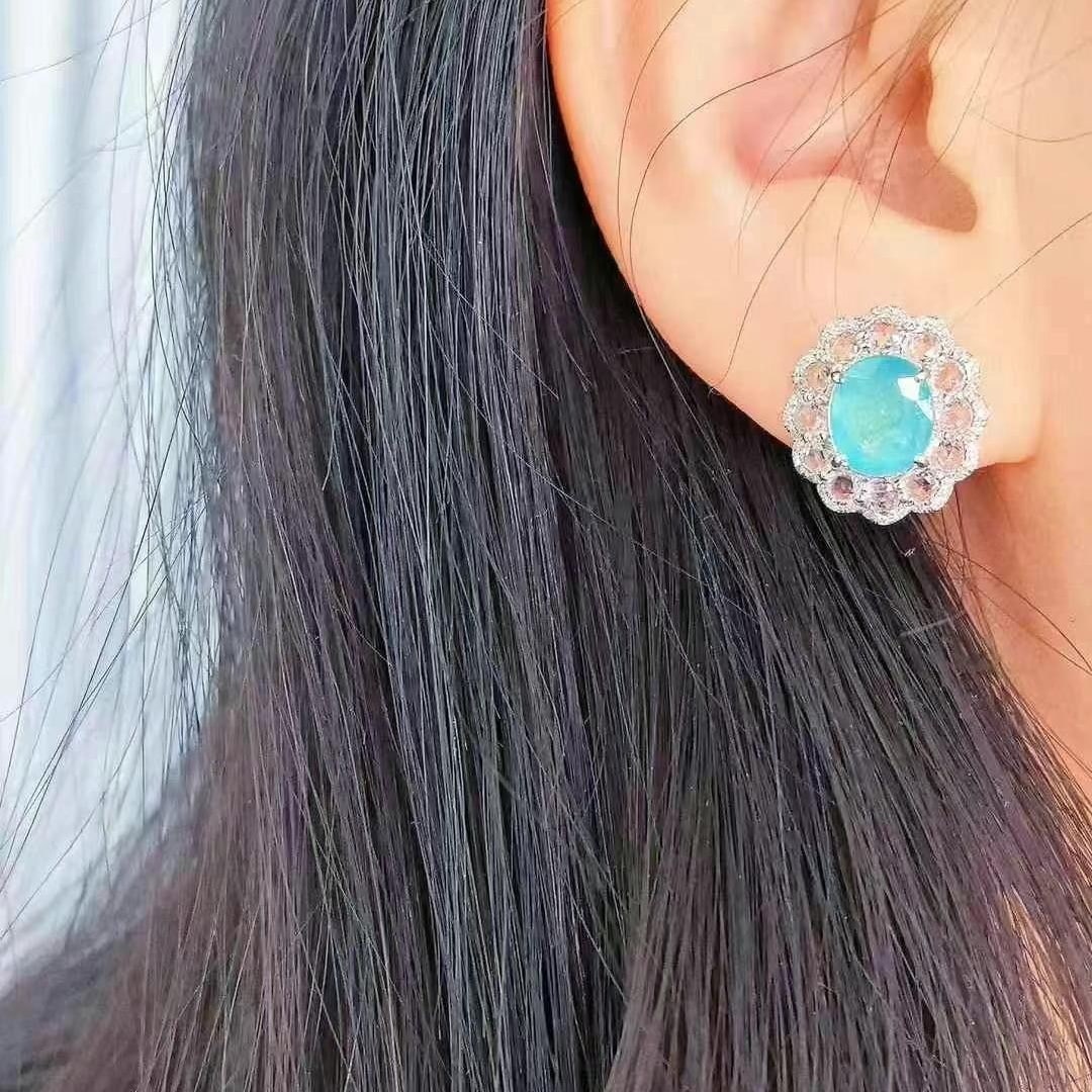 14k Gold 5.54 Ctw Natural Paraiba Tourmaline & Sapphire Earrings - 2