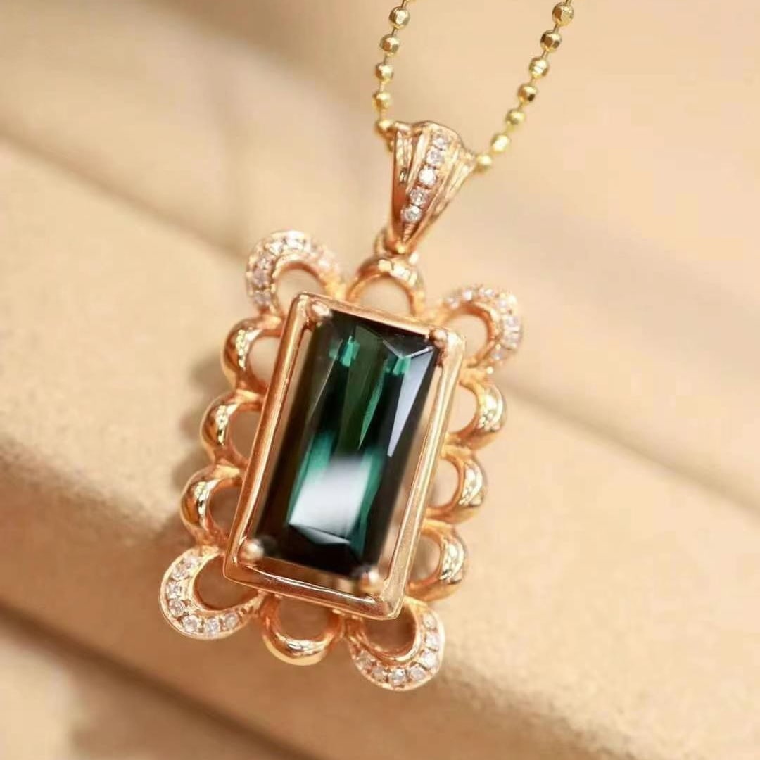 14k Gold 3.63 Ctw Natural Tourmaline & Diamond Pendant( Without Chain ) - 3