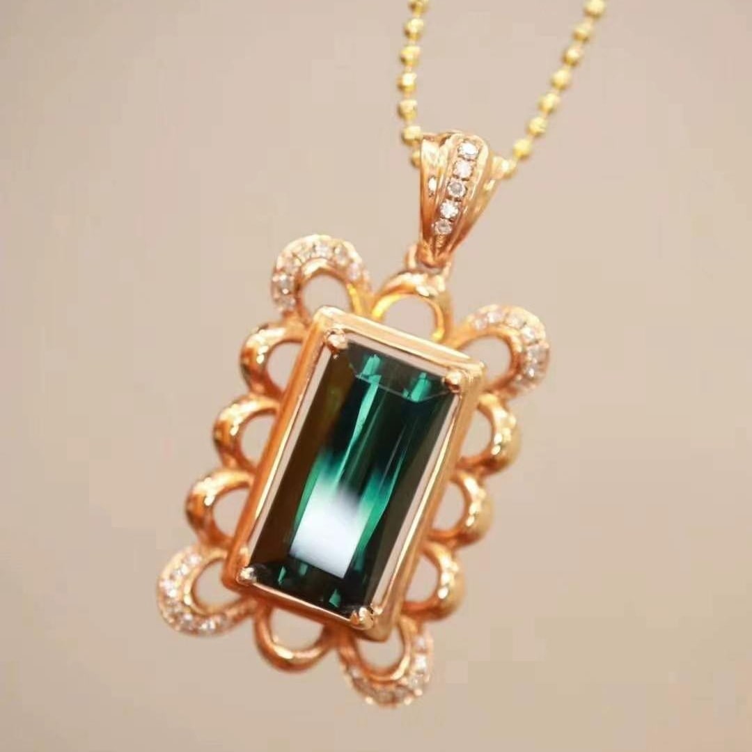 14k Gold 3.63 Ctw Natural Tourmaline & Diamond Pendant( Without Chain ) - 4