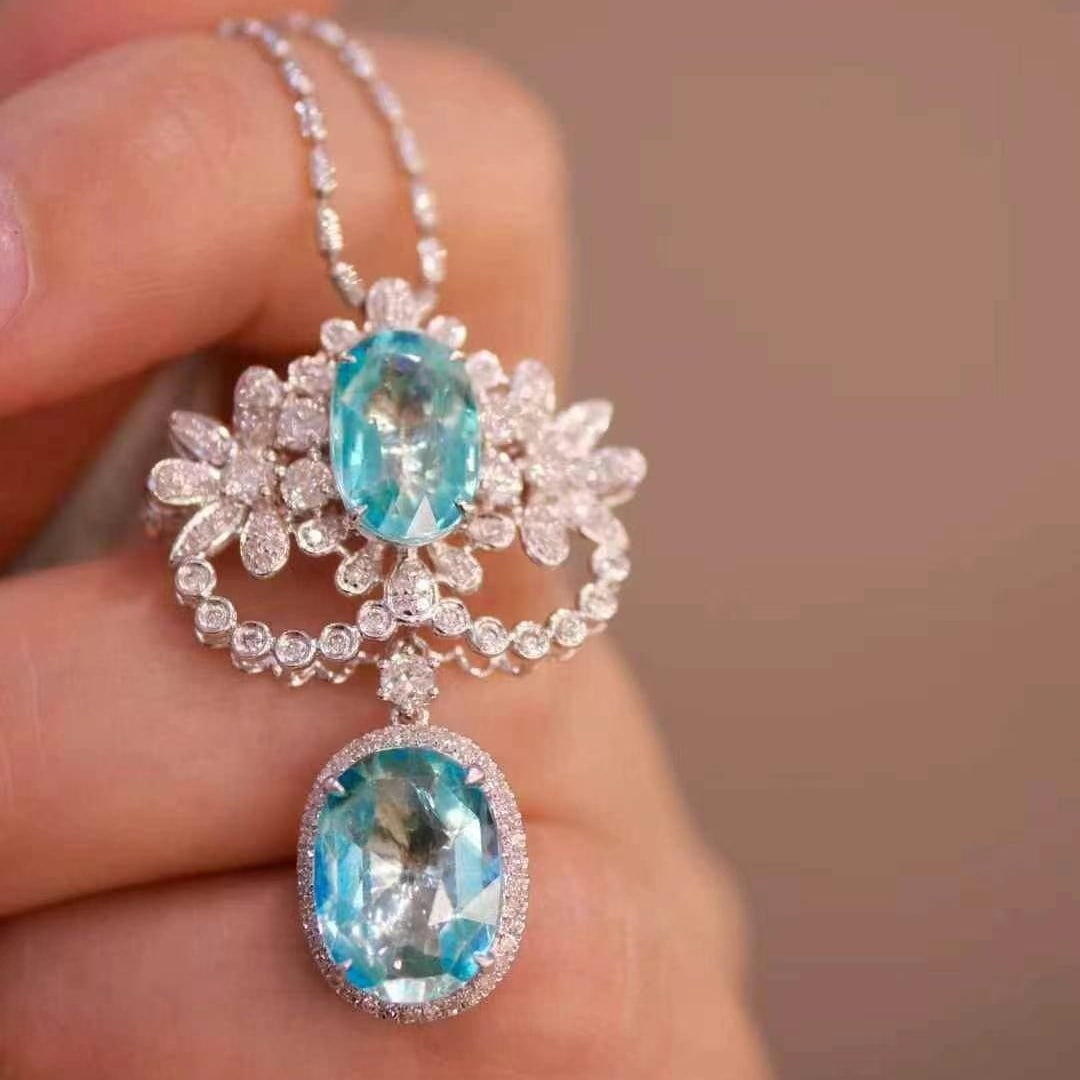 14k Gold 4.8 Ct Natural Paraiba Tourmaline & Diamond Brooch/pendant( Without Chain ) - 2