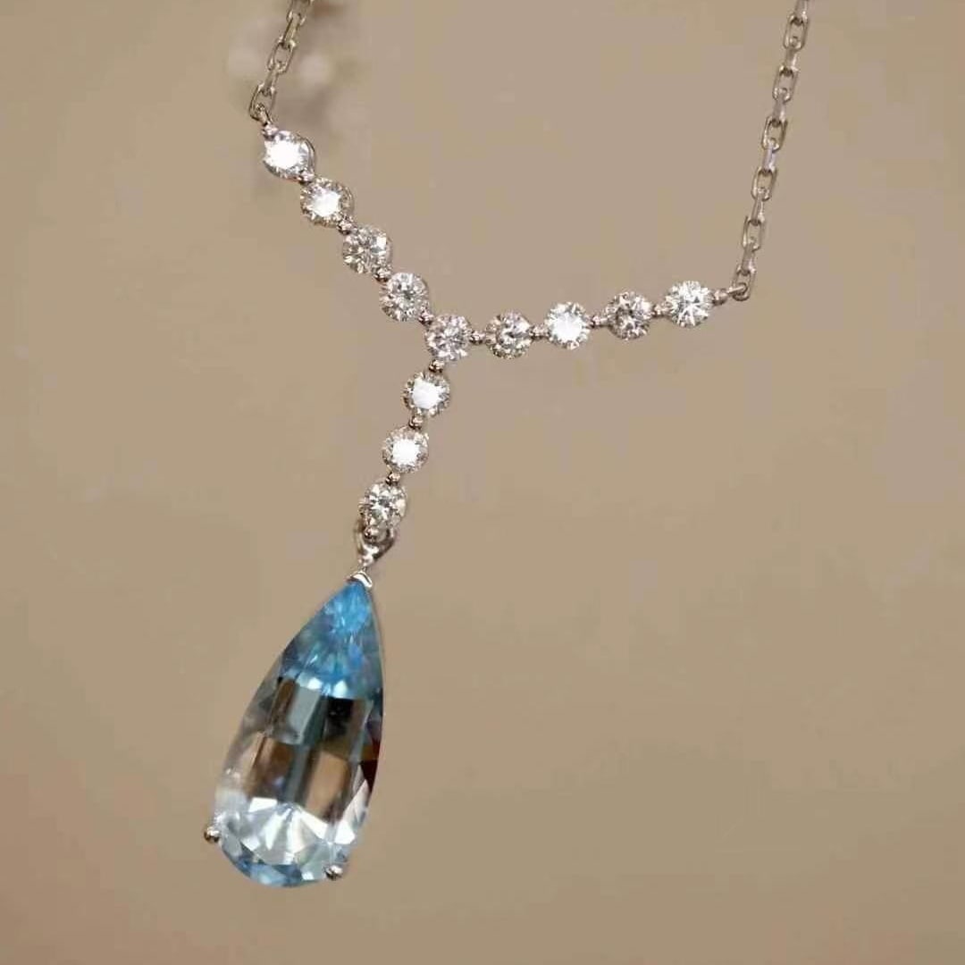 14k Gold 2.36 Ctw Natural Aquamarine & Diamond Necklace - 2