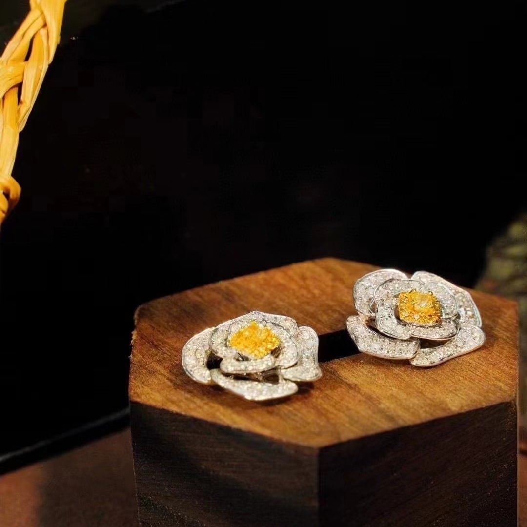 14k Gold 1.2 Ct Natural Color Diamond & Flowers Earrings - 2