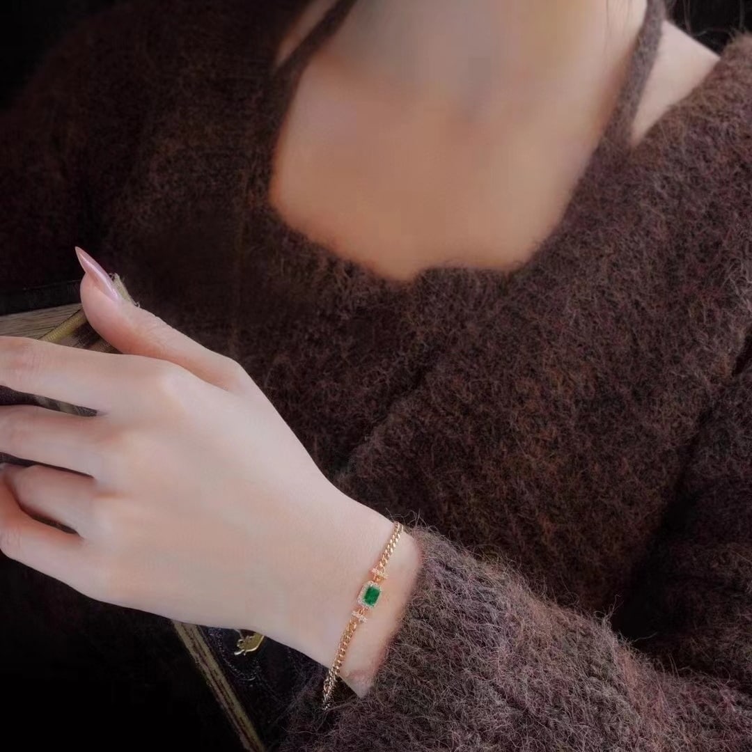 14k Gold 0.88 Ctw Vivid Green Natural Emerald & Diamond Bracelet - 6