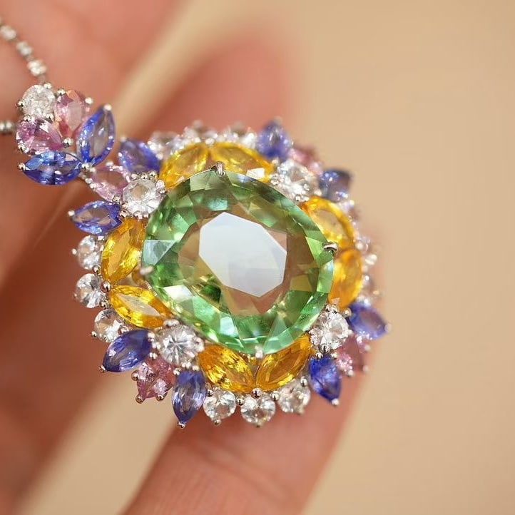14k Gold 10 Ct Natural Tourmaline & Diamond & Sapphire Pendant( Without Chain ): Ref:230949044 // gold content:14k gold // main gemstone:tourmaline // shape:cushion // carat weight:10ct // color:green // treatment:natural // // adjacent gemstone 2 : diamond // shape:round //