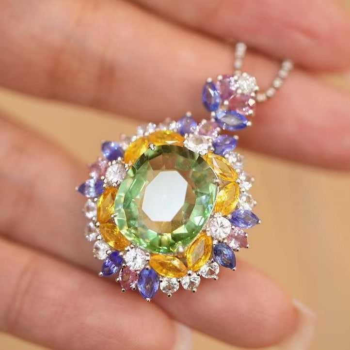 14k Gold 10 Ct Natural Tourmaline & Diamond & Sapphire Pendant( Without Chain ) - 5