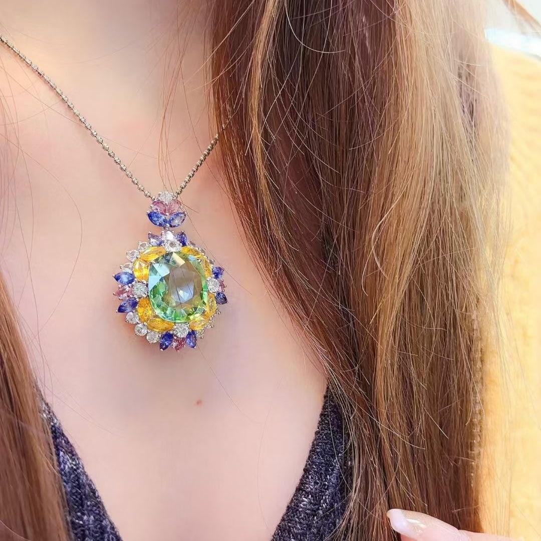 14k Gold 10 Ct Natural Tourmaline & Diamond & Sapphire Pendant( Without Chain ) - 6