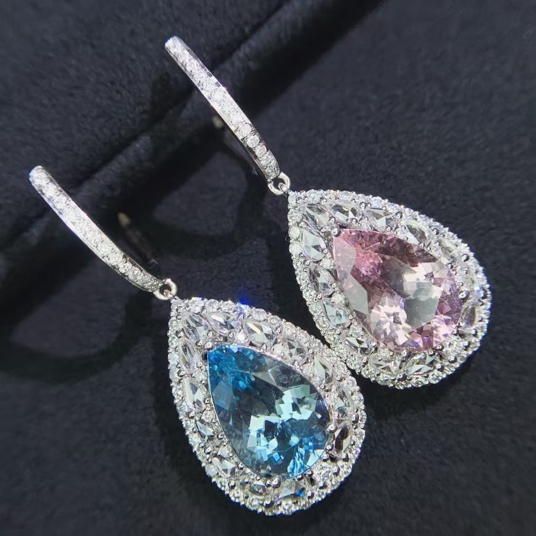 14k Gold 8.04 Ctw Natural Aquamarine & Morganite & Diamond Earrings - 3