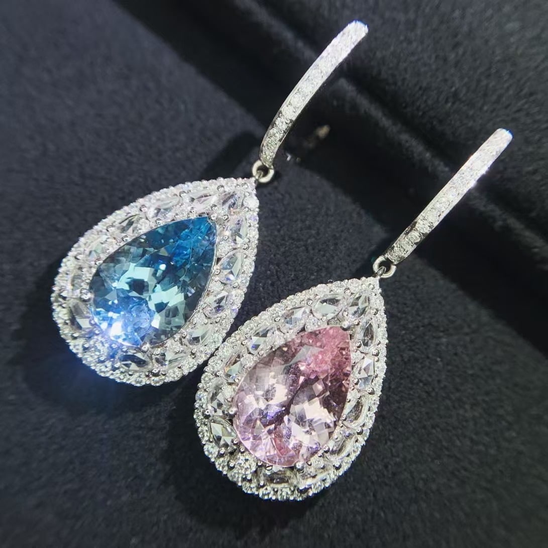 14k Gold 8.04 Ctw Natural Aquamarine & Morganite & Diamond Earrings - 4