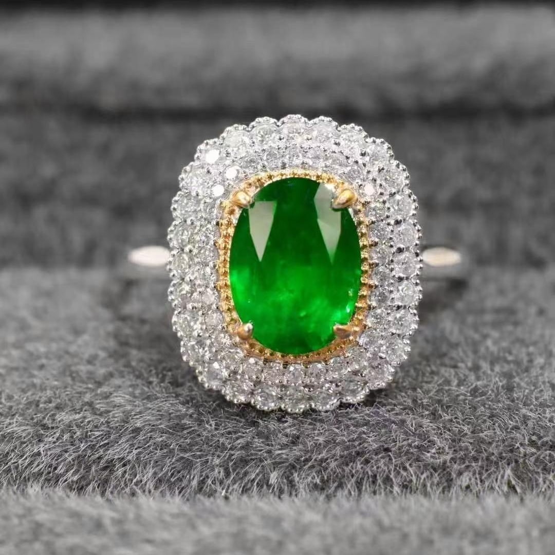 14k Gold 1.63 Ctw Vivid Green Natural Emerald & Diamond Ring: Ref:230949050 // gold content:14k gold // ring size:7. 25us // // main gemstone:emerald // shape:oval // carat weight:1. 3ct // color:vivid green // treatment:natural // // adjacent gemstone 2 :