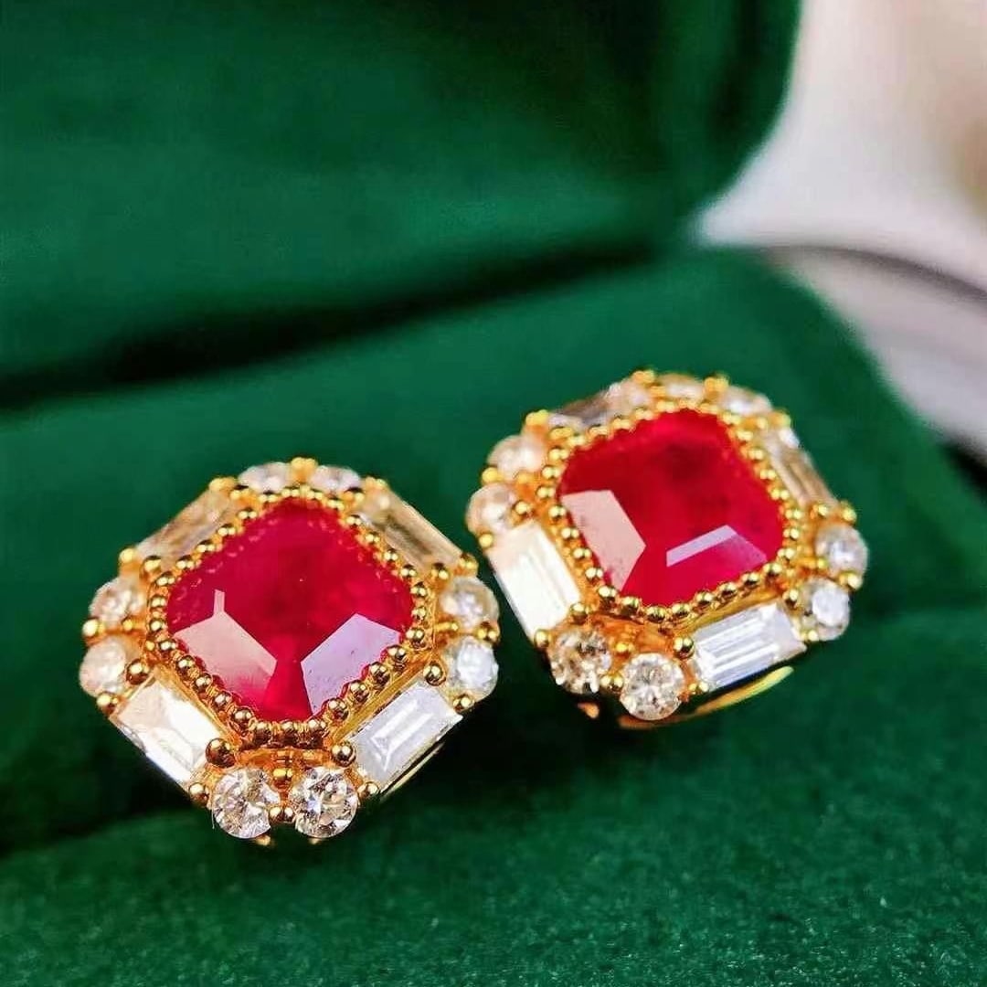 14k Gold 2.29 Ctw Vivid Red Natural Ruby & Diamond Earrings: Ref:230949053 // gold content:14k gold // main gemstone:ruby // shape:octagonal // carat weight:1. 67ct // color:vivid red // treatment:natural // // adjacent gemstone 2 : diamond // shape:multiply //