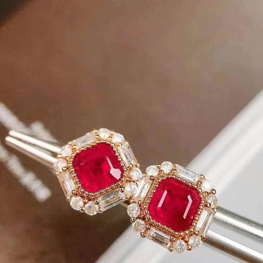 14k Gold 2.29 Ctw Vivid Red Natural Ruby & Diamond Earrings - 2
