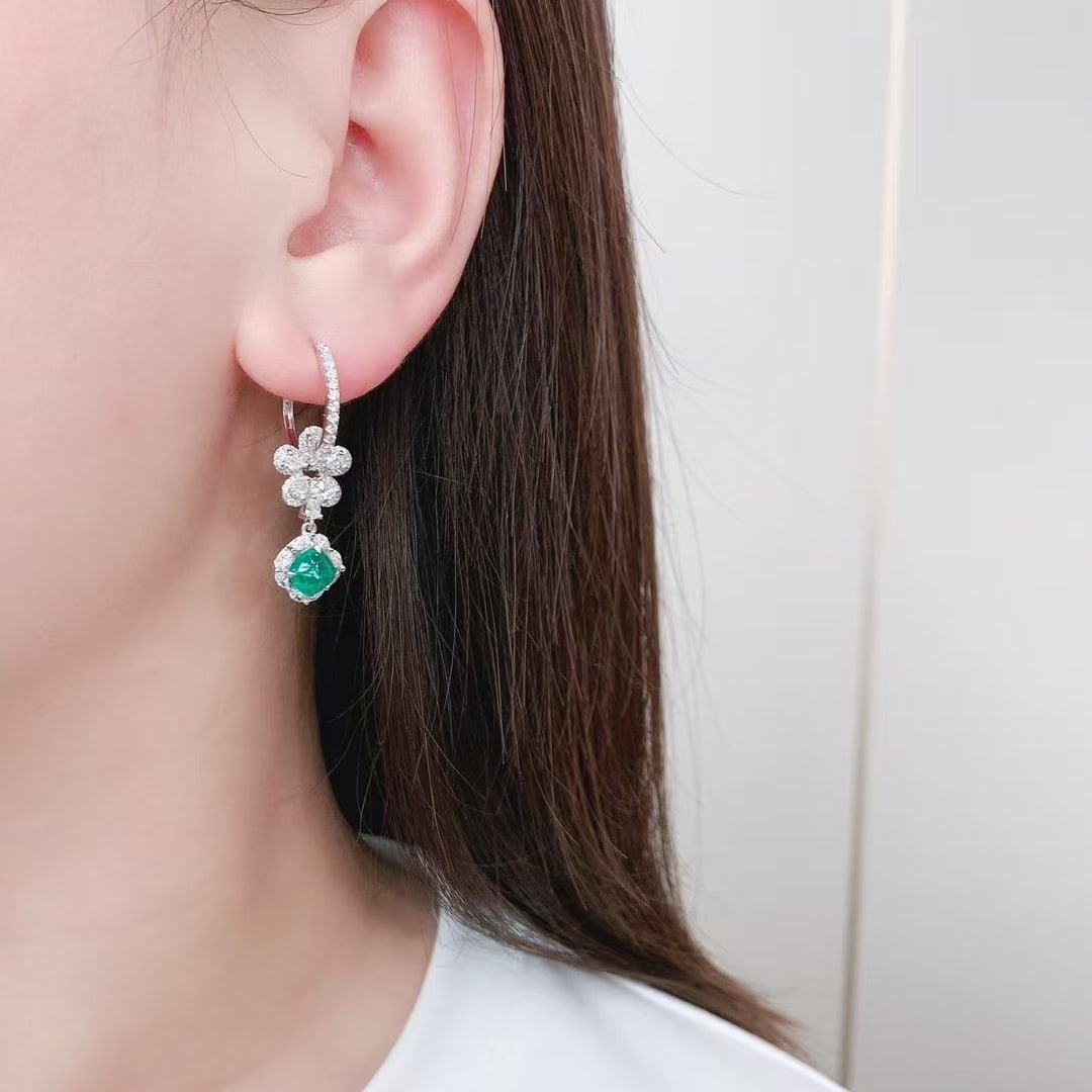 14k Gold 3.16 Ctw Vivid Green Natural Emerald & Diamond Earrings - 5