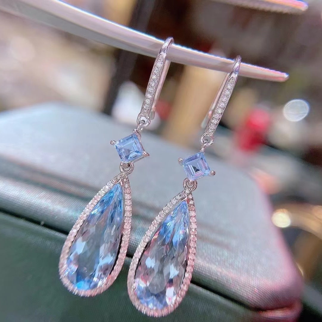 14k Gold 4.89 Ct Natural Aquamarine & Diamond Earrings - 2