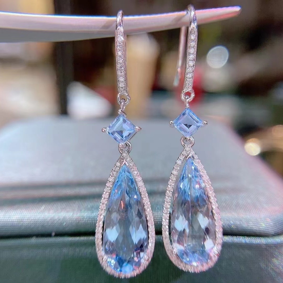 14k Gold 4.89 Ct Natural Aquamarine & Diamond Earrings - 3