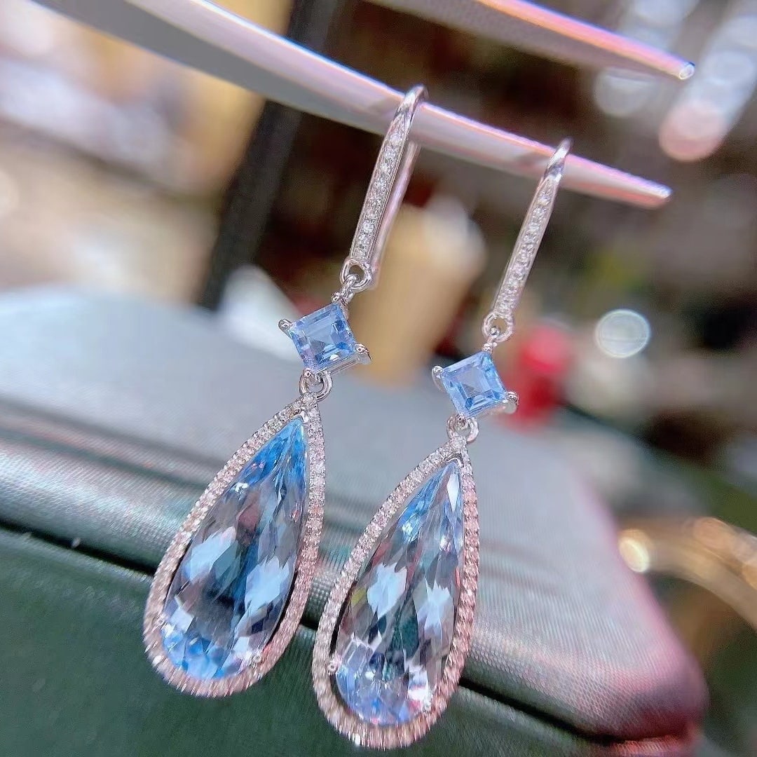 14k Gold 4.89 Ct Natural Aquamarine & Diamond Earrings - 5