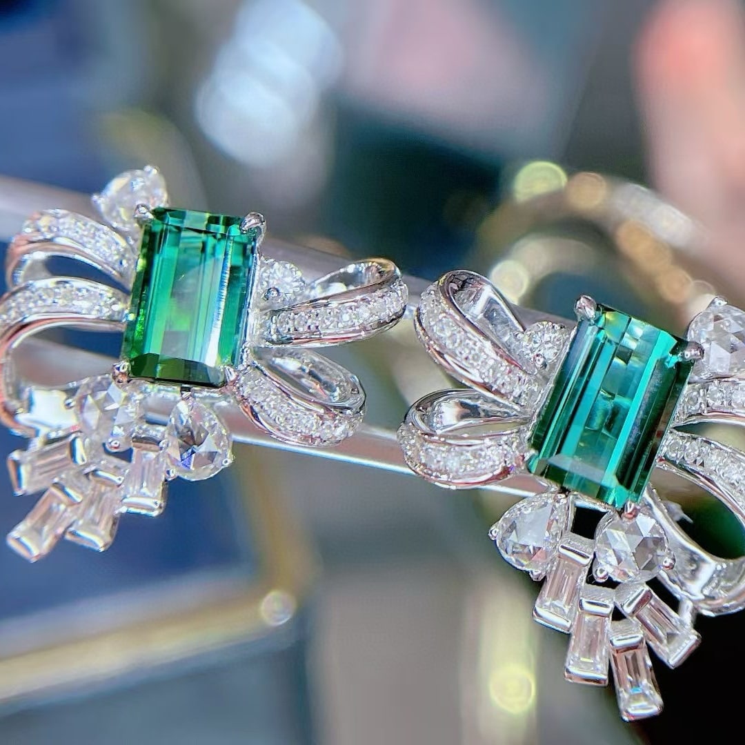 14k Gold 3.08 Ct Natural Tourmaline & Diamond Earrings - 2