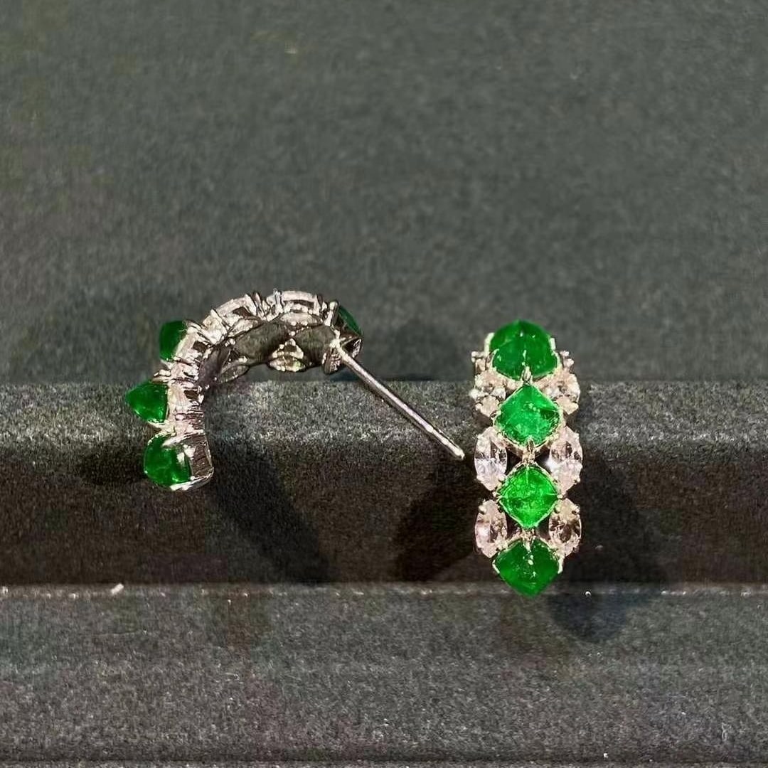14k Gold 3.98 Ctw Vivid Green Natural Emerald & Sapphire Earrings - 2