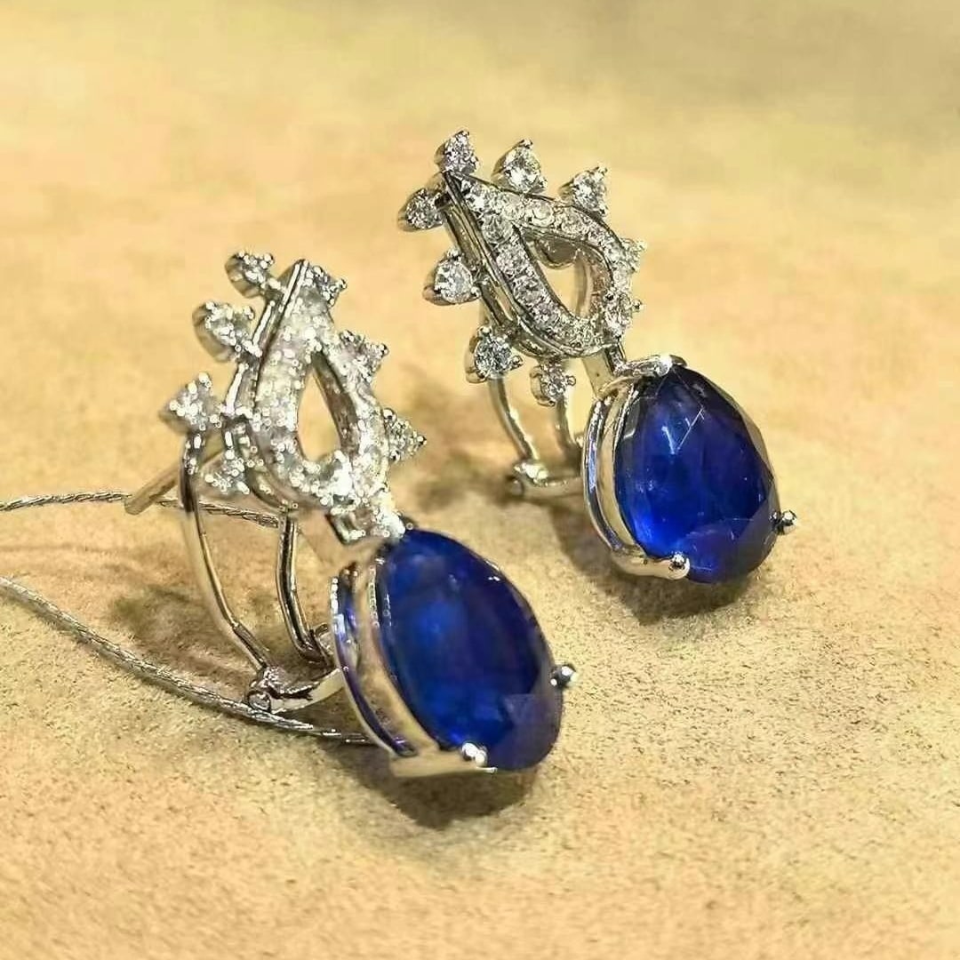 14k Gold 5.75 Ctw Vivid Blue Natural Sapphire & Diamond Earrings - 5