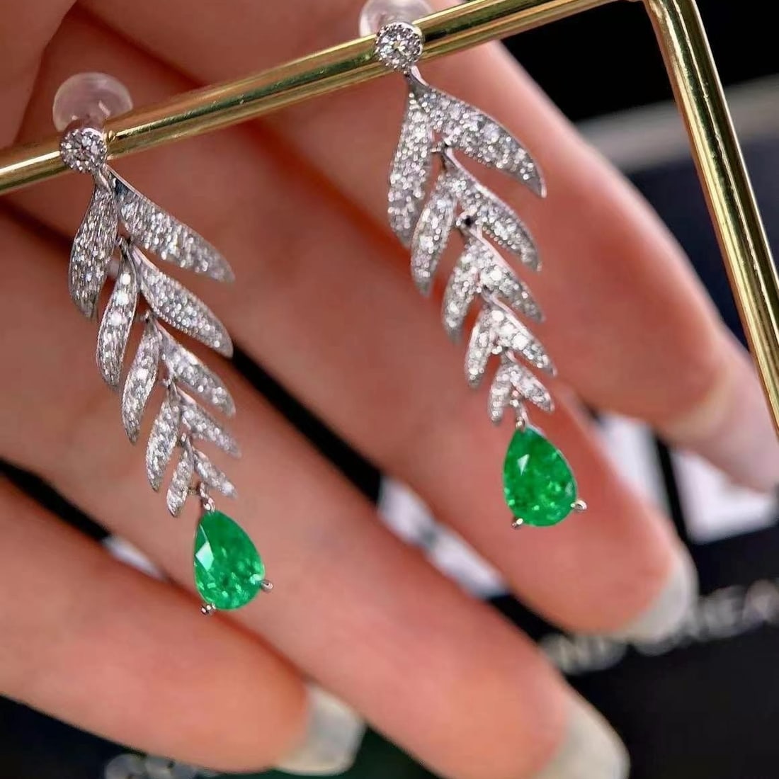 14k Gold 1.83 Ctw Vivid Green Natural Emerald & Diamond Earrings - 2