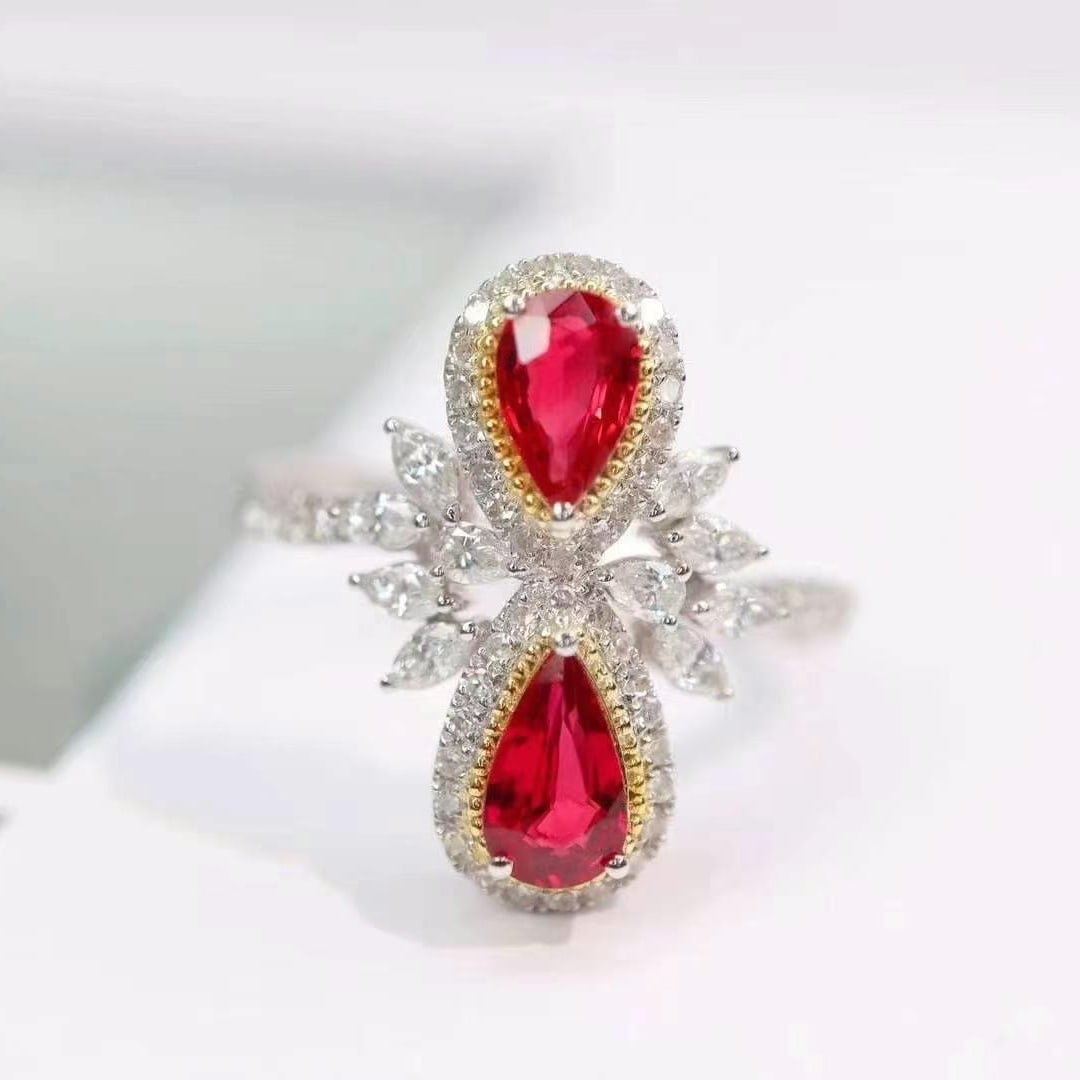14k Gold 1.85 Ctw Natural Ruby & Diamond Ring: Ref:230949115 // gold content:14k gold // ring size:7. 25us // // main gemstone:ruby // shape:pear // carat weight:1. 1ct // color:pigeonblood red // treatment:natural // // adjacent gemstone 2 : diam