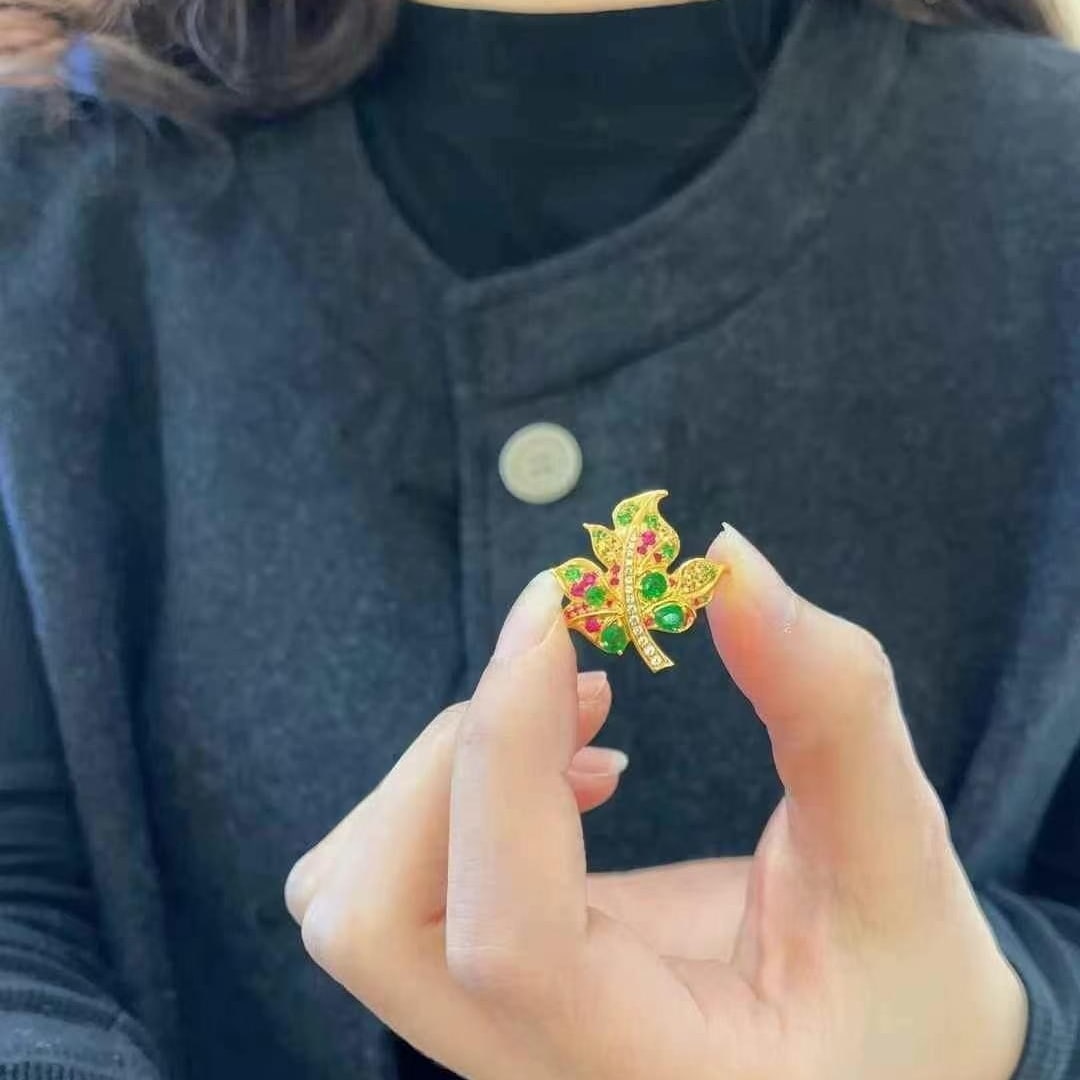 14k Gold 1.1 Ct Natural Tsavorite & Ruby & Sapphire Brooch/pendant( Without Chain ) - 5