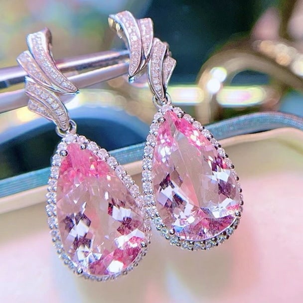 14k Gold 9.5 Ct Natural Morganite & Diamond Earrings - 5