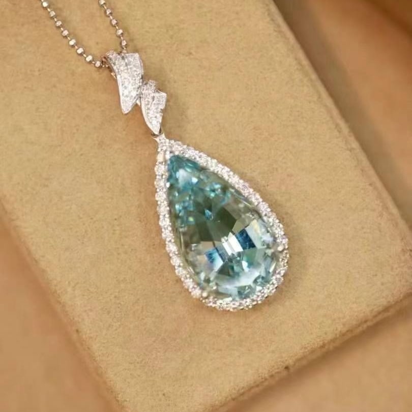 14k Gold 8.02 Ctw Natural Aquamarine & Diamond Pendant( Without Chain ) - 2