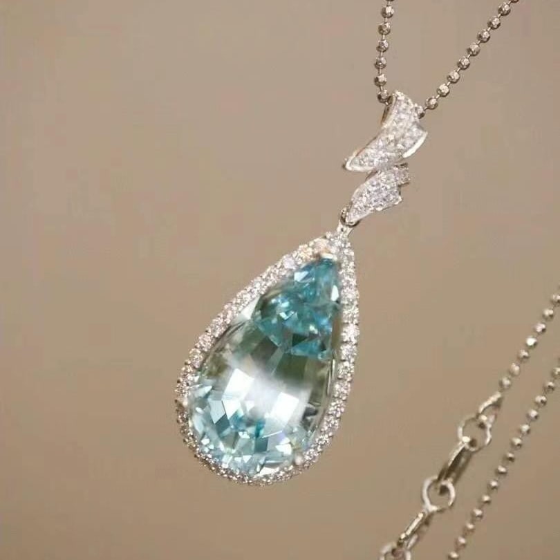 14k Gold 8.02 Ctw Natural Aquamarine & Diamond Pendant( Without Chain ) - 3