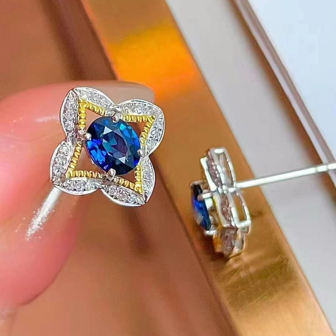 14k Gold 1.38 Ct Natural Sapphire & Diamond Earrings - 3