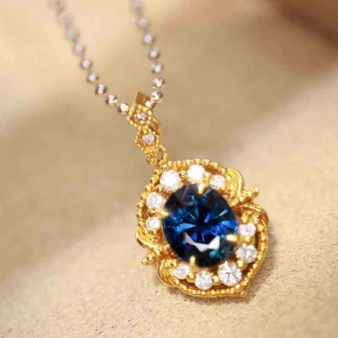 14k Gold 1.49 Ctw Natural Sapphire & Diamond Pendant( Without Chain ) - 2