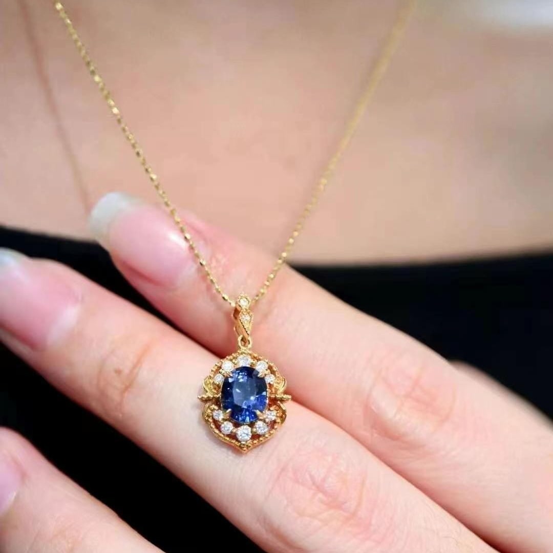 14k Gold 1.49 Ctw Natural Sapphire & Diamond Pendant( Without Chain ) - 4