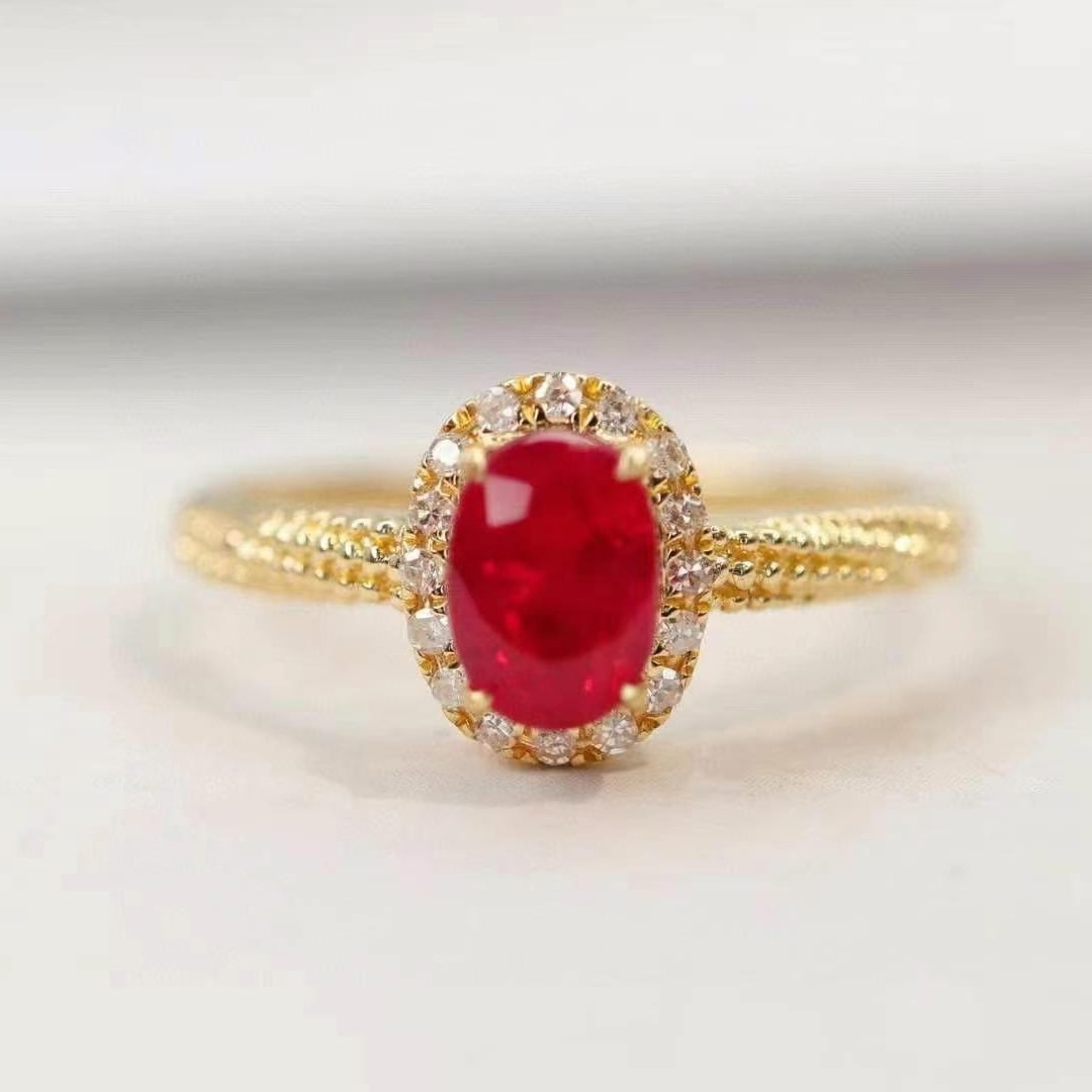 14k Gold 0.88 Ctw Natural Ruby & Diamond Ring: Ref:230949173 // gold content:14k gold // ring size:7. 25us // // main gemstone:ruby // shape:oval // carat weight:0. 8ct // color:pigeonblood red // treatment:natural // // adjacent gemstone 2 : diam