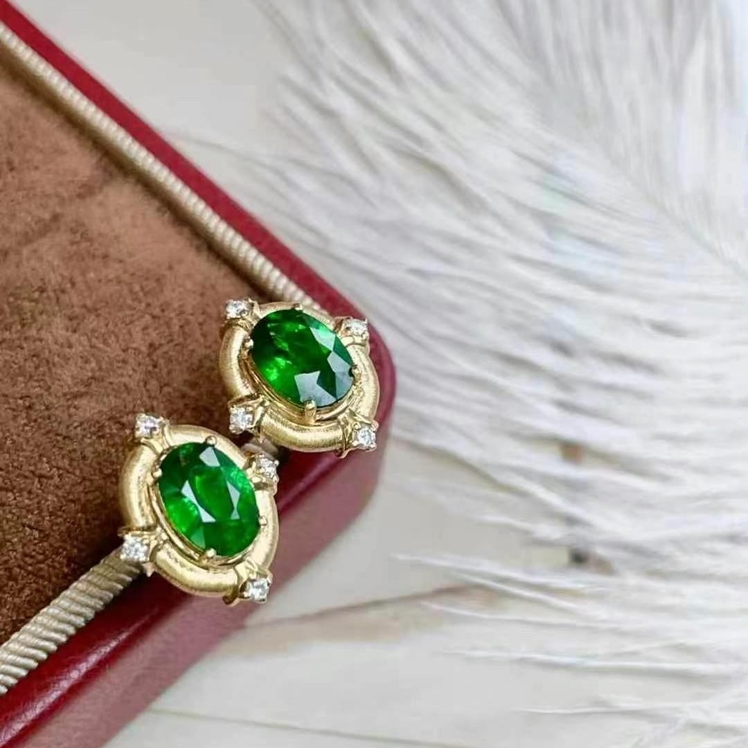 14k Gold 2.42 Ct Vivid Green Natural Tsavorite & Diamond Earrings - 6