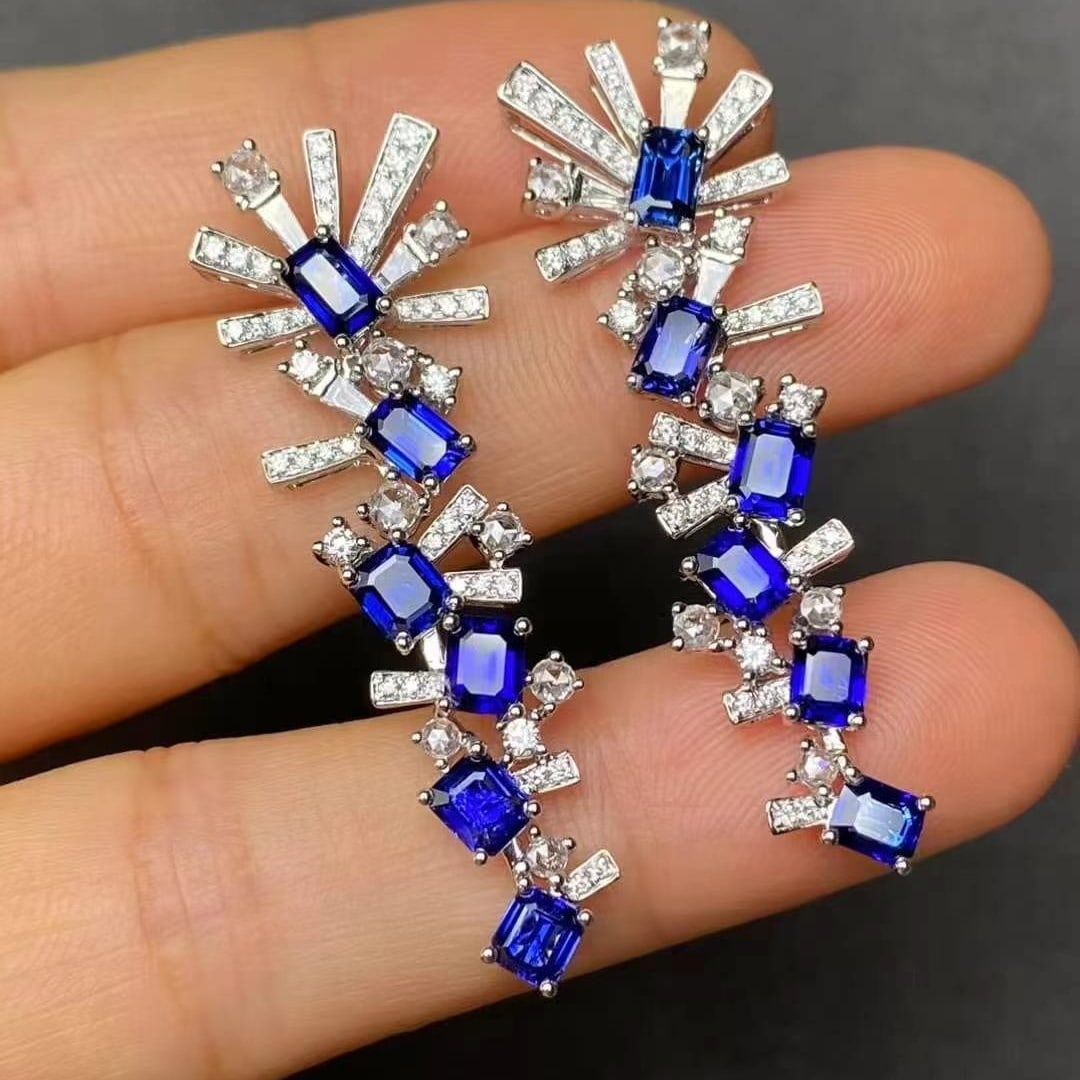 14k Gold 5.31 Ctw Natural Sapphire & Diamond Earrings - 4