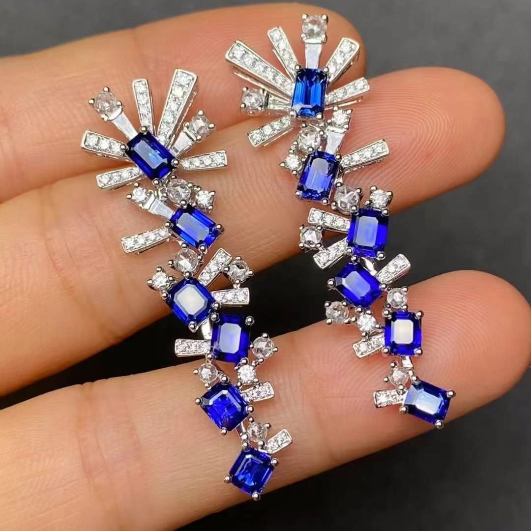 14k Gold 5.31 Ctw Natural Sapphire & Diamond Earrings - 5