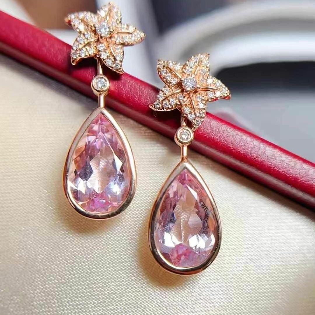 14k Gold 4.2 Ct Natural Morganite & Diamond Earrings: Ref:230949179 // gold content:14k gold // main gemstone:morganite // shape:pear // carat weight:4. 2ct // color:pink // treatment:natural // // adjacent gemstone 2 : diamond // number of stones:64