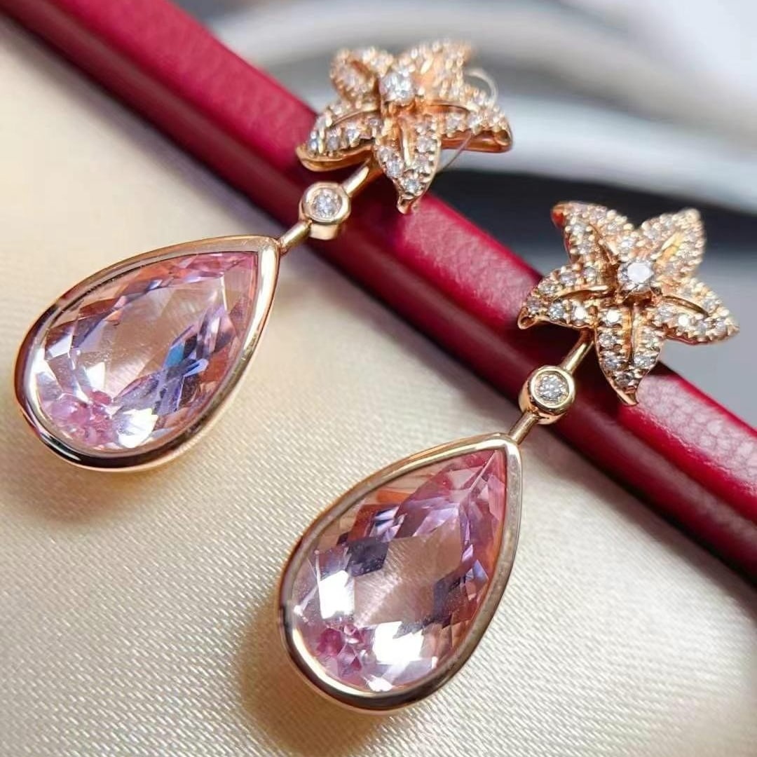 14k Gold 4.2 Ct Natural Morganite & Diamond Earrings - 4