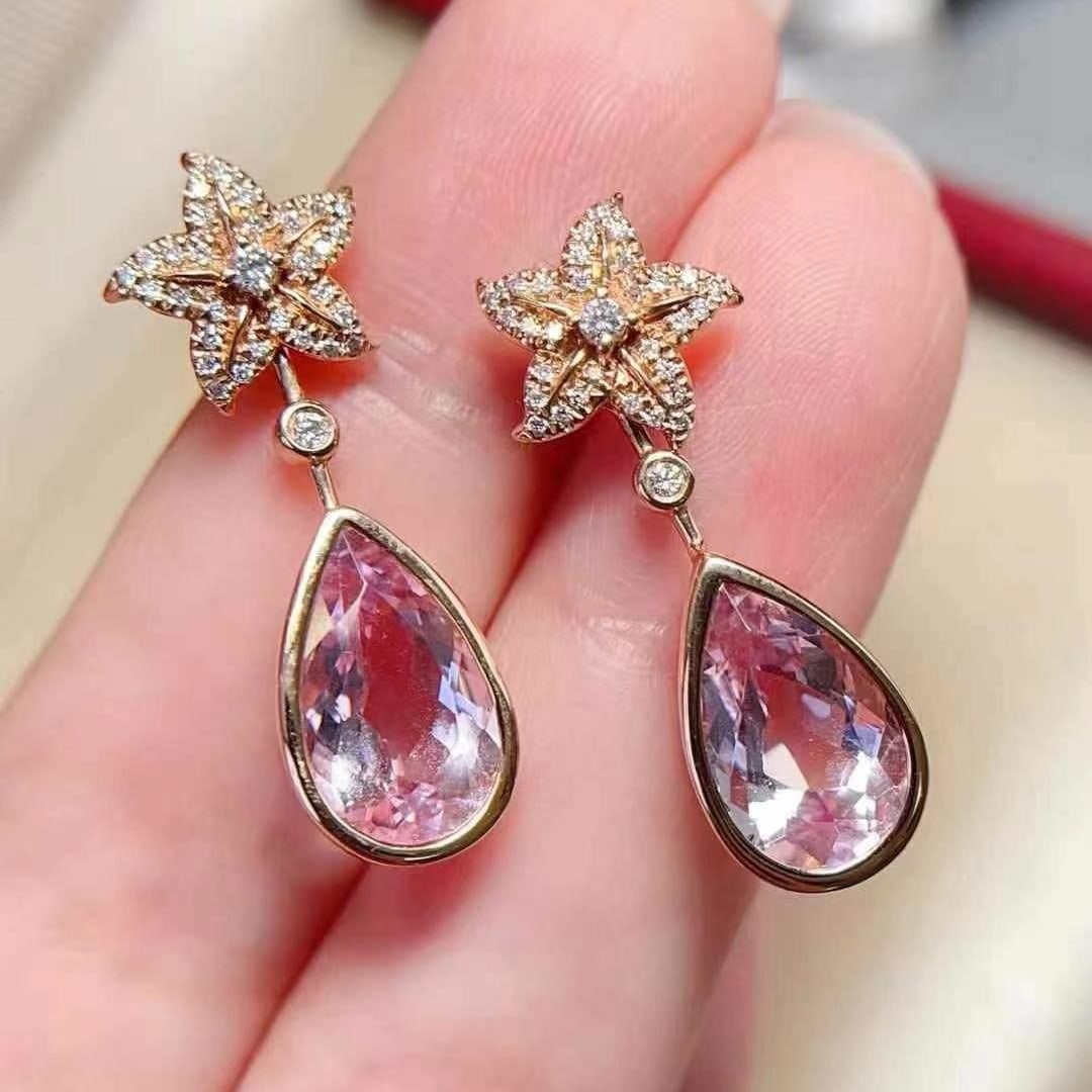 14k Gold 4.2 Ct Natural Morganite & Diamond Earrings - 5