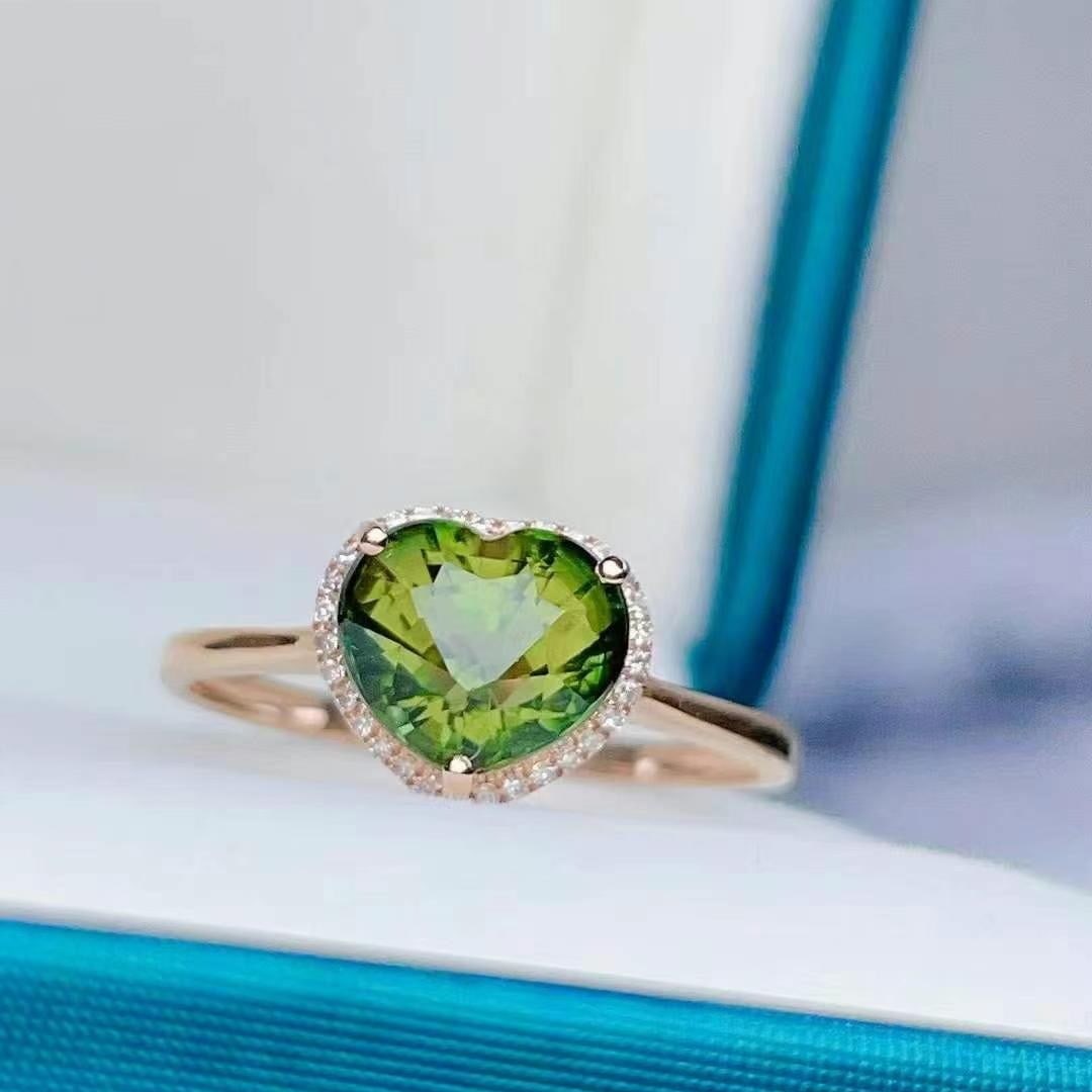 14k Gold 1.78 Ct Natural Tourmaline & Diamond Ring: Ref:230949182 // gold content:14k gold // ring size:7. 25us // // main gemstone:tourmaline // shape:heart // carat weight:1. 78ct // color:green // treatment:natural // // adjacent gemstone 2 :